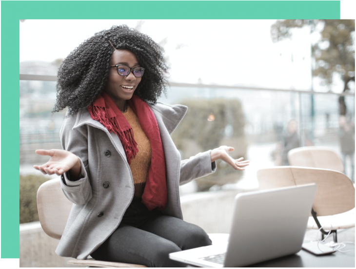 Girl shrugging to computer
